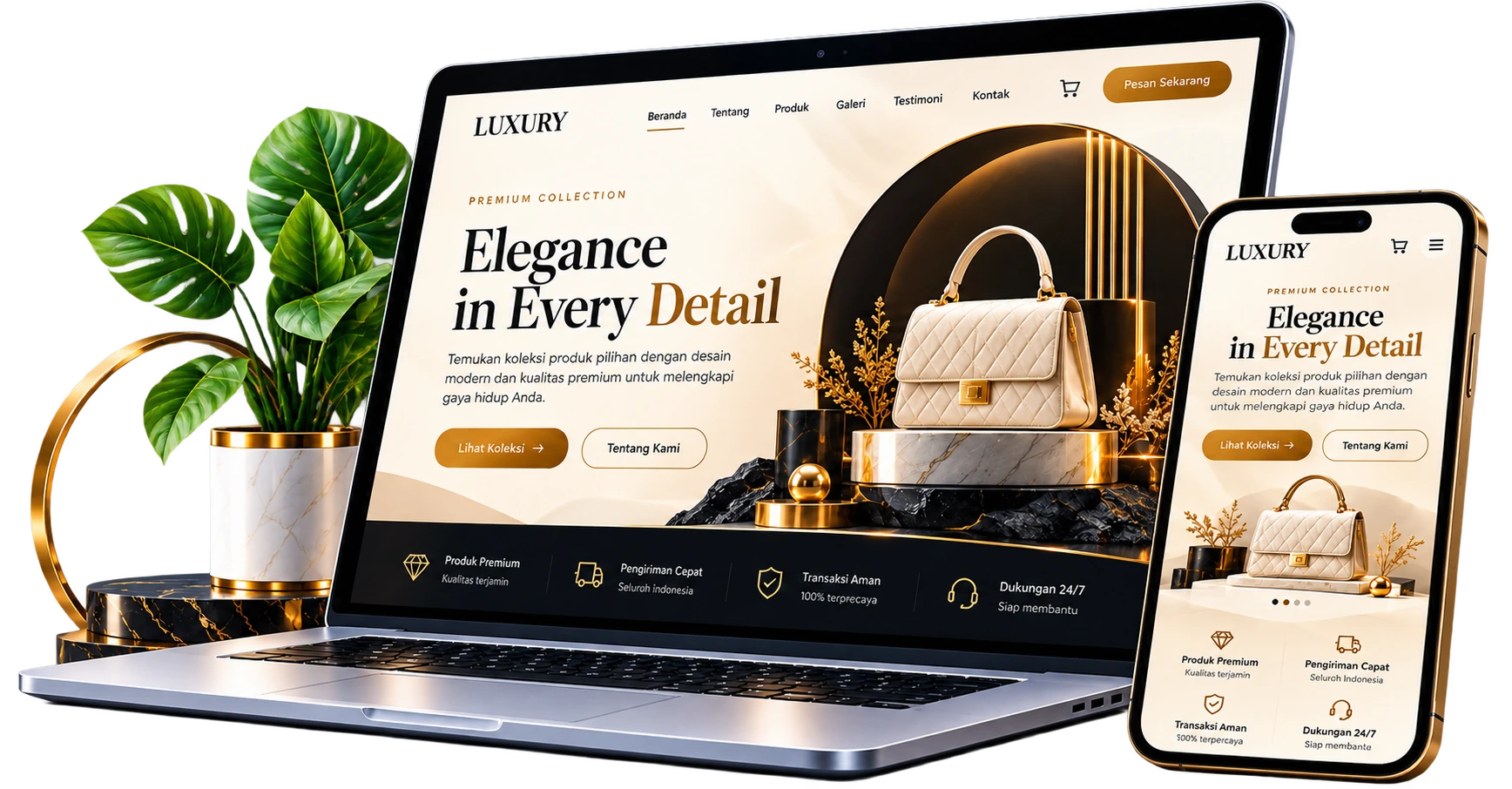Contoh desain website portofolio produk pada laptop dan smartphone