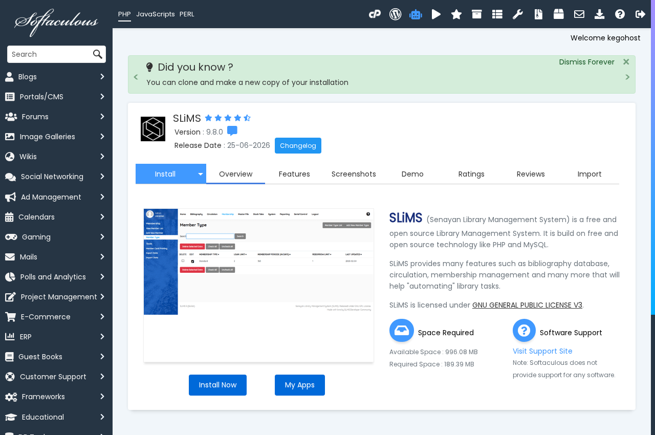 Tinjauan aplikasi SLiMS 9 Bulian di katalog Softaculous Apps Installer cPanel