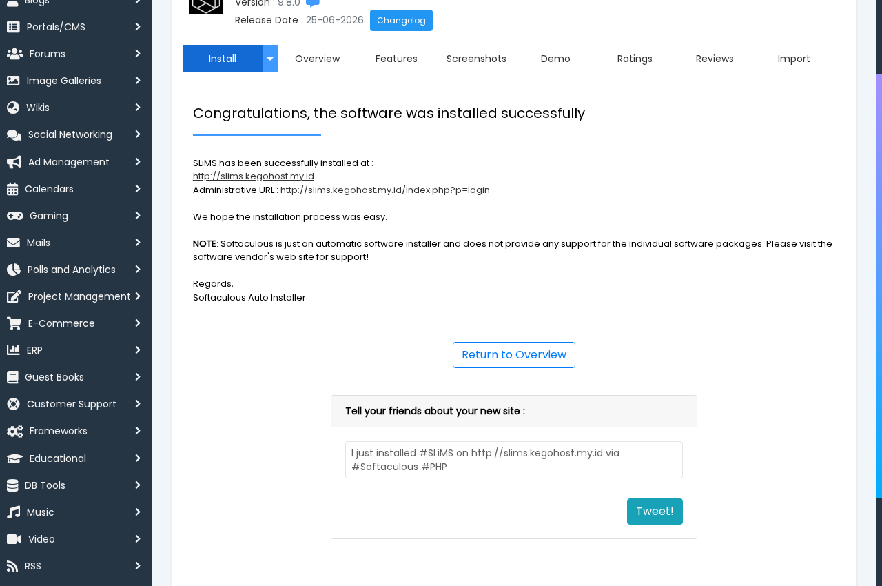 Notifikasi instalasi SLiMS 9 Bulian berhasil di cPanel hosting via Softaculous