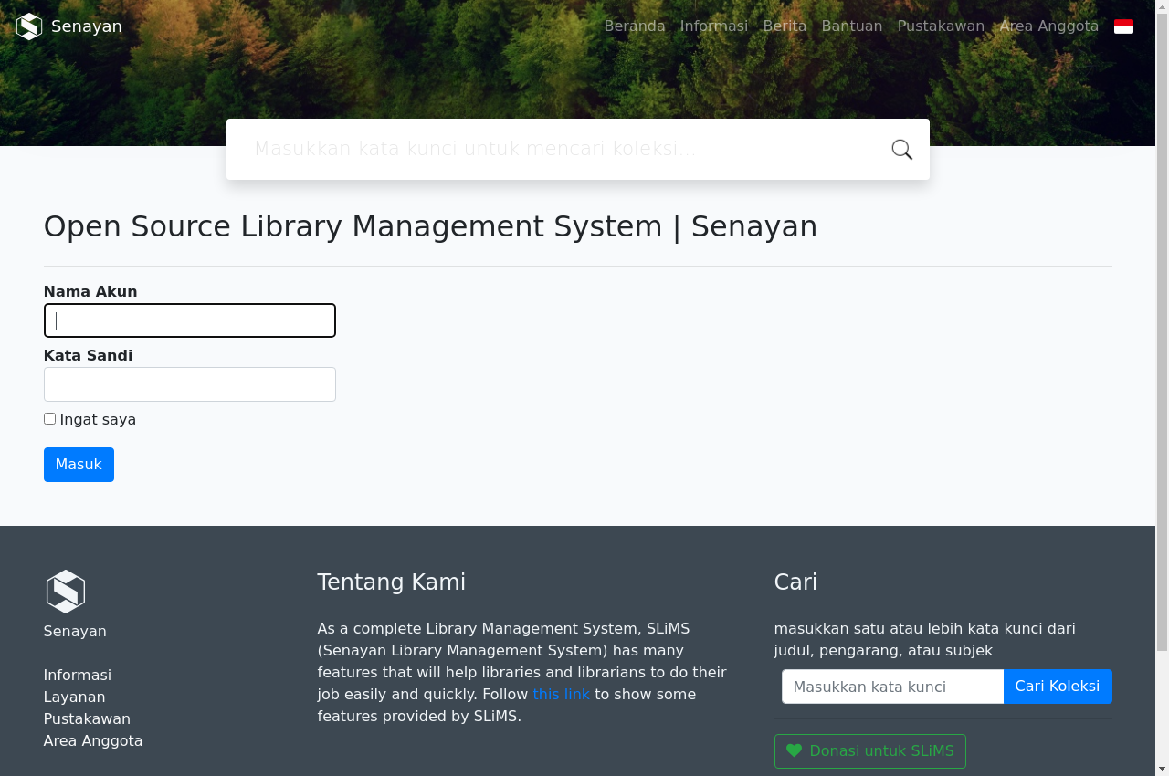 Halaman login admin pustakawan SLiMS 9 Bulian hasil instalasi di cPanel